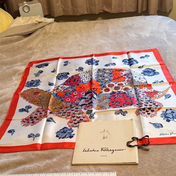 Vintage New Salvatore Ferragamo Floral Silk Scarf in White Red Blue